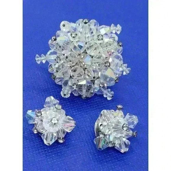 Vintage Brooch Earrings AB Prism Clear Faceted & Rhinestone Head Pins 50s Glam - Picture 1 of 9